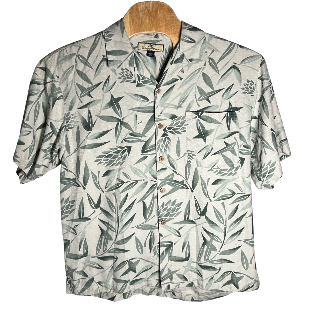 Tommy Bahama Silk Shirt Mens Large Green Tropical Leaf Jacquard Camp Button Down